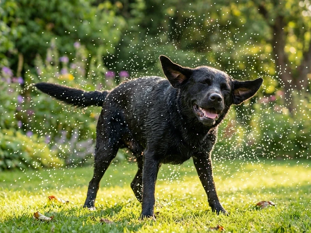 Wet black Labrador shaking water after a bath
