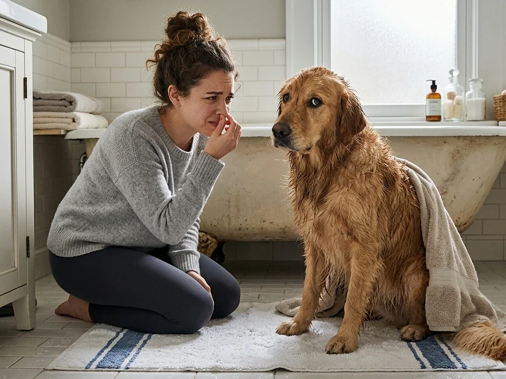 Owner wondering why a freshly bathed golden retriever still smells